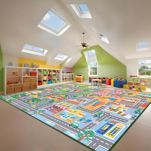 Kid Rug 9 x 12 Feet, City Life Car Rug Play Mat Educational Traffic Road Carpet for Kids Decorate Classroom Preschool Bedroom Living Room Playroom - color: Multi 128, size: 9' x 12' (Rectangular)