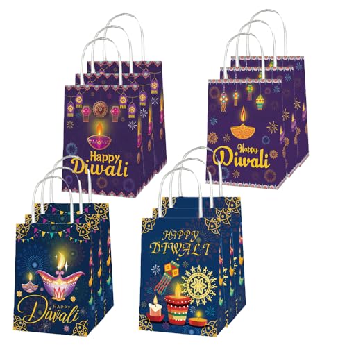 Colodeol 12 Pcs Diwali Gift Bags, Happy Diwali Tote Bags with Handles Paper Treat Bags Bulk for Indian Light Festival Party Decoration Favor - color: Diwali Blue Purple 12