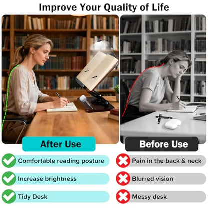 Book Stand with Light & Storage, Book Holders for Reading Hands Free, Wooden Cookbook Stand with Adjustable Height & 360 °Angle for Recipe,Magazine,Laptop,Tablet, Bible