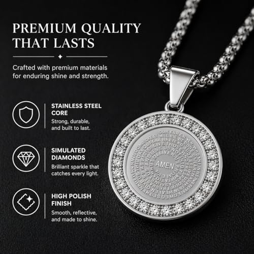Steeltime Stainless Steel Lords Prayer Necklace with Simulated Diamonds - color: Silver, style: Reversible Round Pendant