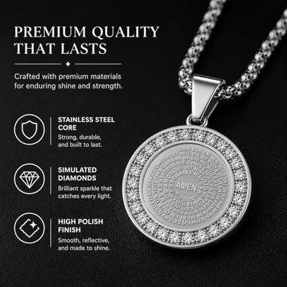Steeltime Stainless Steel Lords Prayer Necklace with Simulated Diamonds - color: Silver, style: Reversible Round Pendant