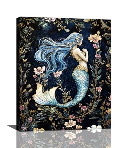 Mermaid Wall Art, Floral Pictures Wall Decor, Retro Mermaid Canvas Prints Painting, Framed Artwork for Bathroom Bedroom Living Room Girl's Room Office Home Decoration 16x20 - color: Mermaid, size: 16"L x 20"W