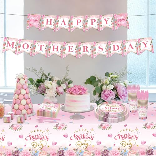 98PCS Happy Mother's Day Party Supplies Mothers Day Tableware Set Best Mom Ever Paper Plates Napkins Forks Knives Tablecloth Banner Mothers Day Party Decorations Disposable Dinnerware for 16 Guests - style: Happy Mother's Day
