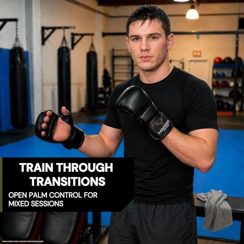 Hybrid MMA Sparring Gloves 7oz, Open Palm with Wrist Support | Comfortable MMA gloves for sparring, striking, grappling and heavy bag training with secure wrist support. - size: Medium