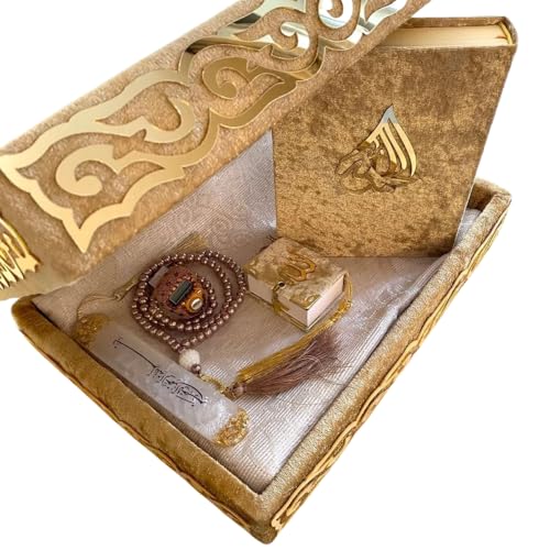 Muslim Gift Prayer Rug Set,Islamic Luxury Box Set,5 Piece.Quran&Mini Pocket Size Quran&Prayer Rug&Digital Zikr Counter&Prayer Beads Rosary&Prayer Printed Bookmark in Velvet Covered Luxury Box