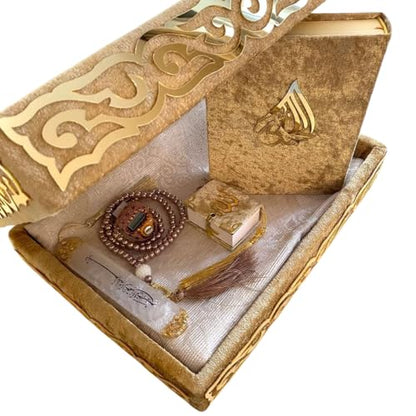 Muslim Gift Prayer Rug Set,Islamic Luxury Box Set,5 Piece.Quran&Mini Pocket Size Quran&Prayer Rug&Digital Zikr Counter&Prayer Beads Rosary&Prayer Printed Bookmark in Velvet Covered Luxury Box