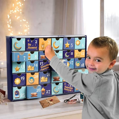 MOVINPE Ramdan Calendar with Drawers 2026 Ramadan Gifts for Kids, 30 Pre-Assembled Empty Boxes Eid Mubarak Coutdown Calendar Fillable Islamic Art Gift Box, Ramadan Party Supplies (Blue) - color: Blue