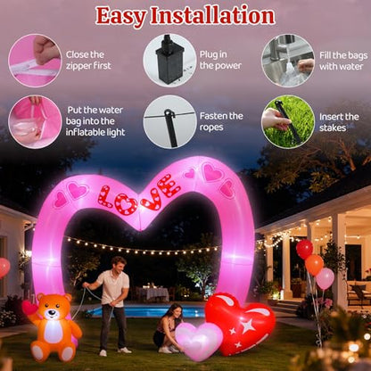 Lewondr 8FT Valentine's Day Inflatable Outdoor Decorations, Lovely Bear Pink Love Blow up Archway Romantic Yard Decoration with 8 Build-in Lights, Valentine's Inflatable Decor for Lawn Party Wedding - style: Archway