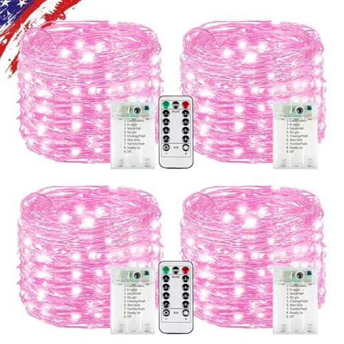 4 Pack Fairy Lights Battery Operated Twinkle Lights Remote Pink - color: Pink, size: 4PK 240LED With Remote