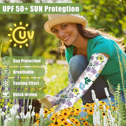Bebila Gardening Sleeves for Women Farm UV Sun Protection Anti-Scratch Cooling Sleeves with Thumb Hole Arms Cover Outdoors - color: Colorful Flowers