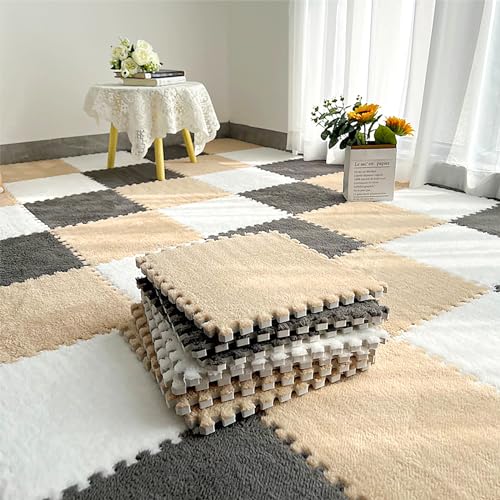 12 Pcs Plush Interlocking Carpet Tiles, Non-Toxic Foam Carpet Tiles for Toddler Baby, Anti-Slip, EVA Foam Interlocking Tiles for Floor, Nursery, Grey White Light Brown - color: White,Light Brown,Grey, size: 12P
