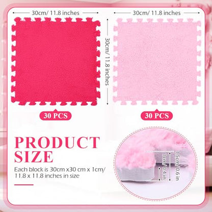 Ceenna 60 Pieces Plush Puzzle Foam Floor Mat Square Interlocking Carpet Tiles with Fluffy Play Mat Floor Tiles Soft Climbing Area Rugs for Living Room Floor Gym Area(Pink, Rose Red)