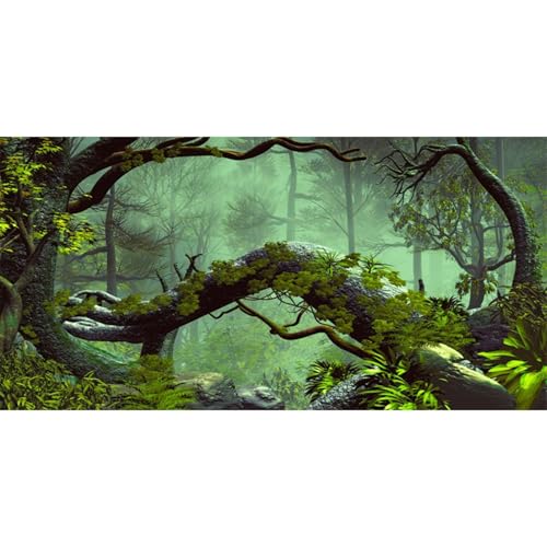 AWERT 72x18 inches Foggy Forest Terrarium Background Stone Green Tree Tropical Reptile Habitat Background Rainforest Aquarium Background Durable Polyester Background - size: 72x18in/180x45cm