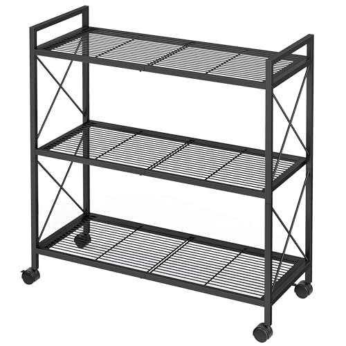 SONGMICS 3-Tier Metal Storage Rack with Wheels, Mesh Shelving Unit with X Side Frames, 31.5-Inch Width, for Entryway, Kitchen, Living Room, Bathroom, Industrial Style, Black UBSC183B01 - color: Black, size: 3 Tiers (31.5"W)
