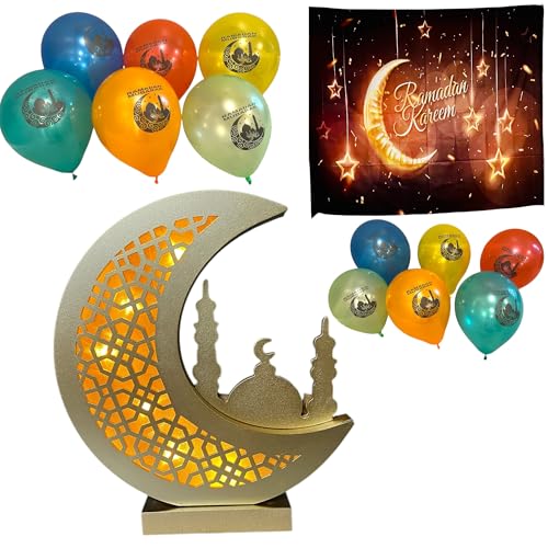 Eid Gift Crescent Moon Lamp Decor with Backdrop/Tapestry & 12 Balloons - Cordless Design for Moon-Themed Parties, Home Décor, 10.25”x8” Gold Moon Masjid + RW67sBWN+10 BLN - color: Gold Moon Masjid