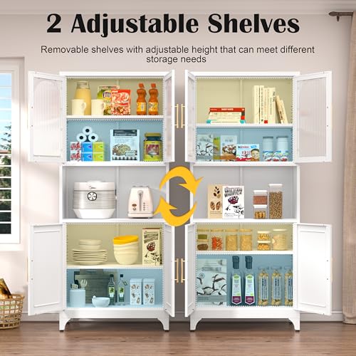SteeLoong Metal Kitchen Pantry Storage Cabinet，75" Tall Storage Cabinets with 4 Doors and Adjustable Shelves ，White Hutch Cabinet with Microwave Stand,Large Kitchen Cupboard for Dining Room