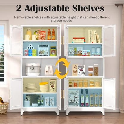 SteeLoong Metal Kitchen Pantry Storage Cabinet，75" Tall Storage Cabinets with 4 Doors and Adjustable Shelves ，White Hutch Cabinet with Microwave Stand,Large Kitchen Cupboard for Dining Room