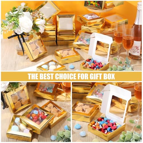 Zonon 30 Pcs Kraft Paper Boxes with Window 4.13 x 4.13 x 1.18 Inch Candy Packaging, Small Gift Boxes, Soap holder, Mini Treat Packaging for Bakery Chocolate Jewelry Display (Gold) - color: Gold