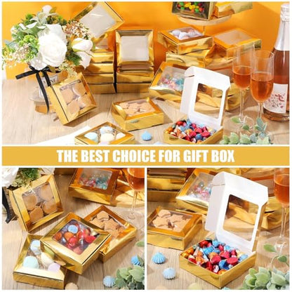 Zonon 30 Pcs Kraft Paper Boxes with Window 4.13 x 4.13 x 1.18 Inch Candy Packaging, Small Gift Boxes, Soap holder, Mini Treat Packaging for Bakery Chocolate Jewelry Display (Gold) - color: Gold