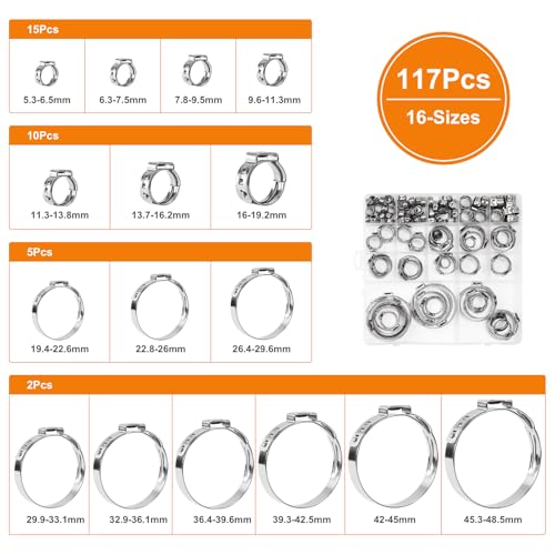 117PCS Sieqioor 16 Sizes Single Ear Hose Clamp Kit, 304 SS 5.3-48.5mm | 304 Stainless Steel Ear Clamp Kit, Stepless Hose Clamps Cinch Rings for Automotive, Home Appliance Line and Plumbing - size: 117pcs