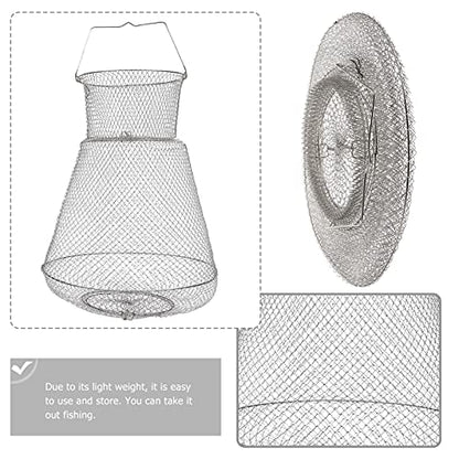 Extra Large Wire Fish Basket, 28X18 inches Fishing Net Cage Collapsible, Crabs Basket Trap Holder for Live Caught Fish, for Seawater, River, and Boat Fishing, Stainless Steel Galvanized, Silver
