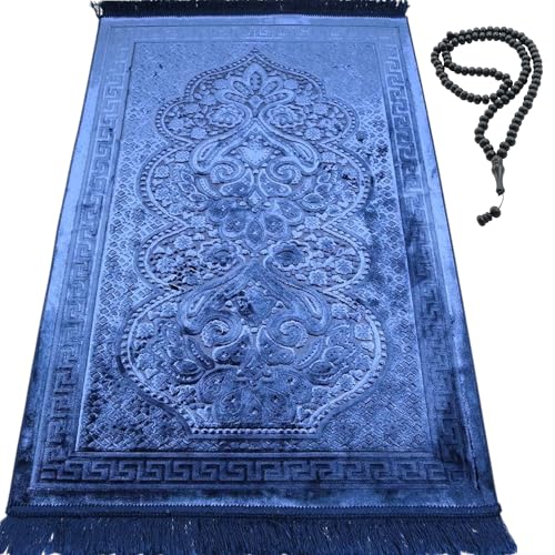 Modefa Prayer Rug - Luxury Velvet Muslim Prayer Rug with Tasbih Beads Soft Elegant Prayer Mat Meditation Mat - Plain Solid Turkish Prayer Matt Islam Ramadan Eid Gift - Paisley (Navy Blue) - color: Navy Blue