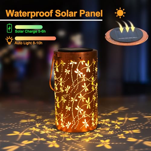 YISITEONE Dragonfly Outdoor Solar Lanterns, Garden Waterproof Metal Hanging Decor Lights for Patio Yard Pathway Lawn Front Porch, Birthday Gardening Gifts for Women Mom Grandma - style: Dragonfly