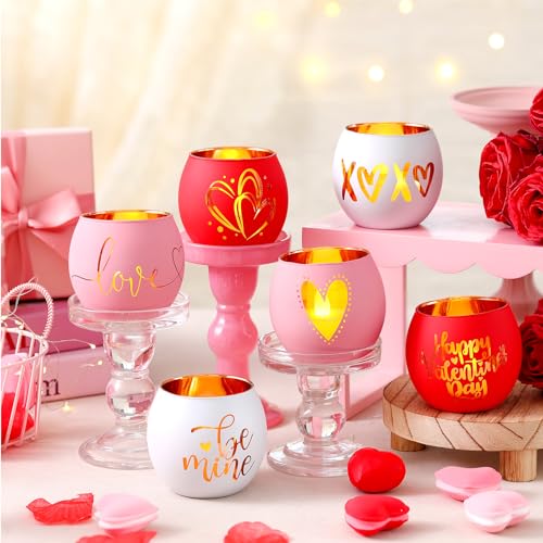 FoldTier 6 Pcs Valentines Candle Holders Love Glass Tealight Votive Candle Holder for Table Centerpiece Valentine's Day Wedding Party Decoration Home Tabletop Decor Gift - style: Valentines