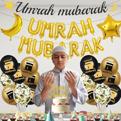 Umrah 무바라크 장식 라마단 이드 - 44피스 블랙 골드 하즈 라마단 장식 풍선 배너 케이크 토퍼 스타 문 파티 용품 가정용 Lslamic Muslim Al Fitr Eid Umrah 무바라크 파티 선물
