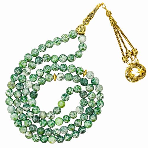 Amazing Gemstone Crystal Tasbeeh with Moon and Star Charm - Certified Crystal Muslim Prayer Beads Natural Gemstone Tasbih Gift for Ramadan Dhikr and Daily Namaz (G) - color: Tree Agate