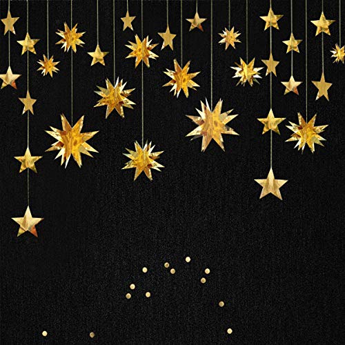 pinkblume Gold Party Decorations Star Garlands Streamer Gold 3D Stars Metallic Paper Hanging Bunting Banner for Birthday Wedding Bridal Shower Holiday Christmas Ramadan EID Mubarak Party Supplies - color: Gold