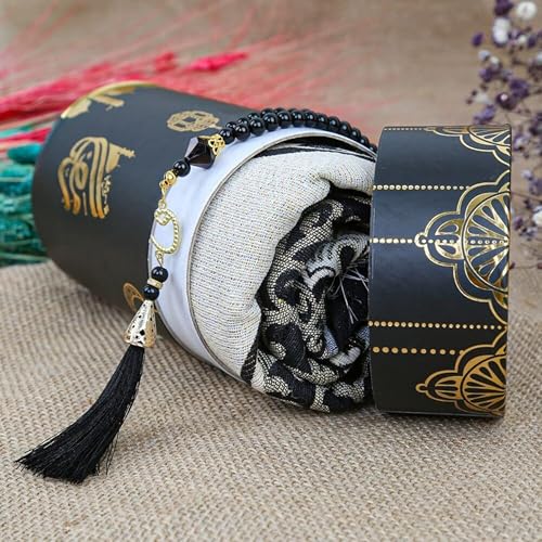 VHD Muslim Prayer Rug Set, Janamaz Salah Set, Islamic Tasbih Mat Set (Black) - color: Black