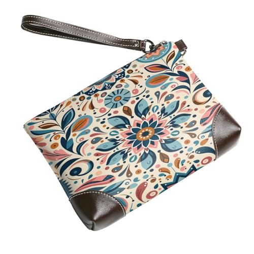 Leather Clutch Purse for Women, Large Capacity Wristlet Wallet with Removable Strap, Zip Handbag - color: Scandinavian Folk Art