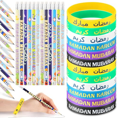 Feifeiya 96 Pcs Ramadan Eid Mubarak Gifts, Eid Pencils Ramadan Wristbands Party Favors Muslim Gifts for Kids Students Classroom Party Supplies - style: Ramadan Style