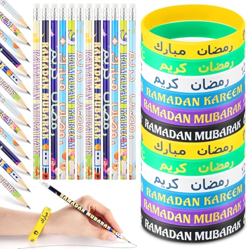 Feifeiya 96 Pcs Ramadan Eid Mubarak Gifts, Eid Pencils Ramadan Wristbands Party Favors Muslim Gifts for Kids Students Classroom Party Supplies - style: Ramadan Style