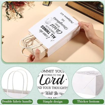 Chiisong 100 Pcs Christian Gift Bags, Fathers Day Religious Bible Verse Treat Bags with Handles Inspirational Church Scripture Bag for Women Wedding Baptism Birthday Party Favor(White with Black) - color: white with black