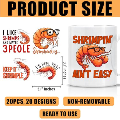(20pcs) Shrimp UV DTF Cup Wrap Stickers, Meme Shrimps Sticker, Cute Sea Animal Decor Mug Transfer Paper, Crawfish Shrimp Stickers Funny Ocean Animal Lovers UVDTF Sticker for Shimps Lovers