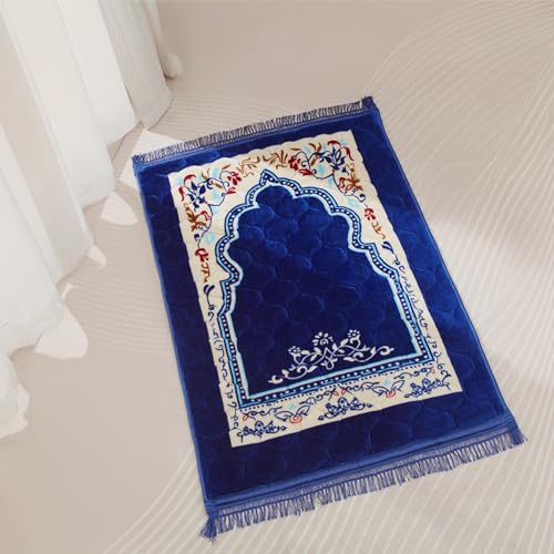 Muslim Prayer Rug with Tasbih Prayer Beads, Soft Large Prayer Matt Islam, Padded Islamic Prayer Mat Thick for Men and Women, Janamaz, Sajadah (31.5" x 47.2", Royal Blue) - color: Royal Blue