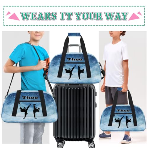 Custom Sport Bag for Boys, Taekwondo Silhouette Blue Starry Night | Personalized Named Practice Travel Overnight Training Bag - color: Color 4