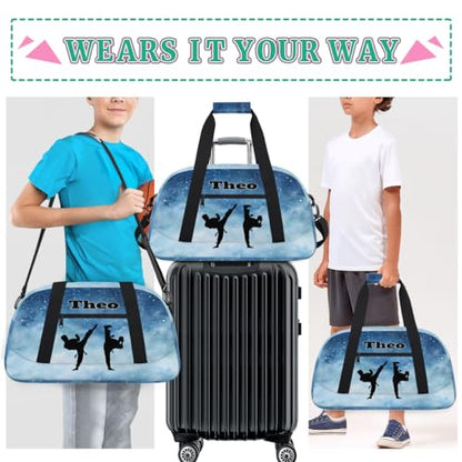 Custom Sport Bag for Boys, Taekwondo Silhouette Blue Starry Night | Personalized Named Practice Travel Overnight Training Bag - color: Color 4