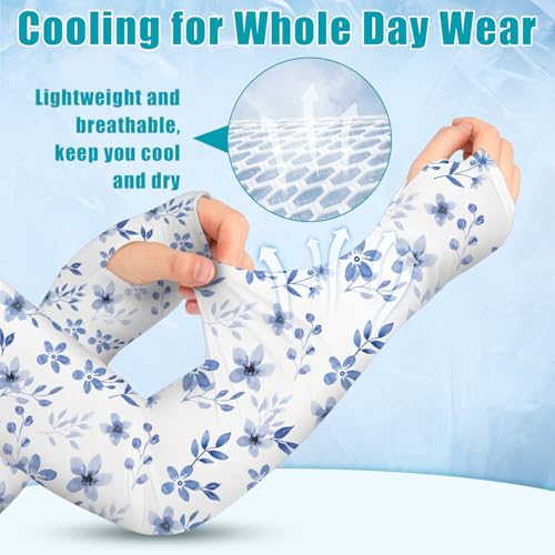 Bebila Gardening Sleeves for Women Farm UV Sun Protection Anti-Scratch Cooling Sleeves with Thumb Hole Arms Cover Outdoors - color: Blue Floral