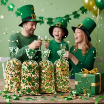 eowqeiur 100 PCS St Patricks Day Treat Bags(5x11 Inch) Green Shanrock Cellophane Bags for Cookie Candy Goodie Goody Snack Gifts Wrap Clover Spring Baggies Pouch St Patricks Party Favors Supplies - color: 100 St Patrick bags
