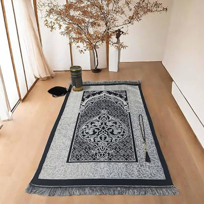 Muslim Prayer Rug and Prayer Beads with Gift Box, Soft Islamic Prayer Mat, Islamic Gifts Set, Prayer Carpet Mat, Sajadah/Janamaaz/Seccade (Black) - color: Black