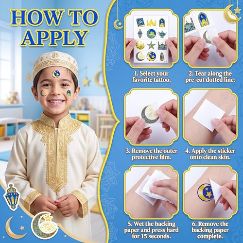 120 PCS Pre-Cut Happy Eid Mubarak Temporary Tattoos for Kids Party Favors | Super Cute Ramadan Al Fitr Themed Birthday Supplies, Decorations, Fake Tattoo Stickers, School Rewards & Gifts Boys & Girls