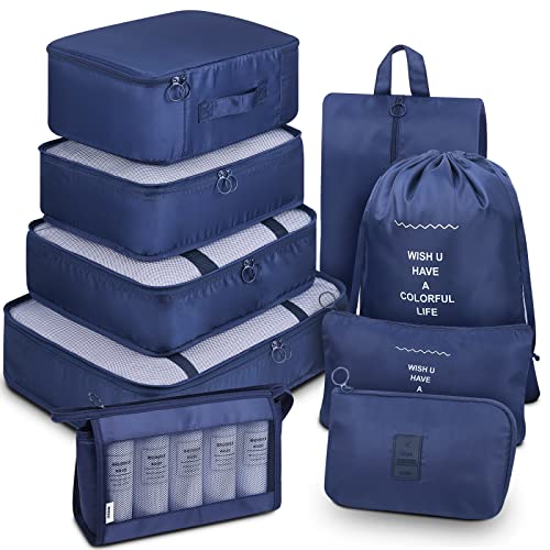 Mossio 9 Set Packing Cubes with Shoe Bag & Electronics Bag - Luggage Organizers Suitcase Travel Accessories - color: Navy Blue