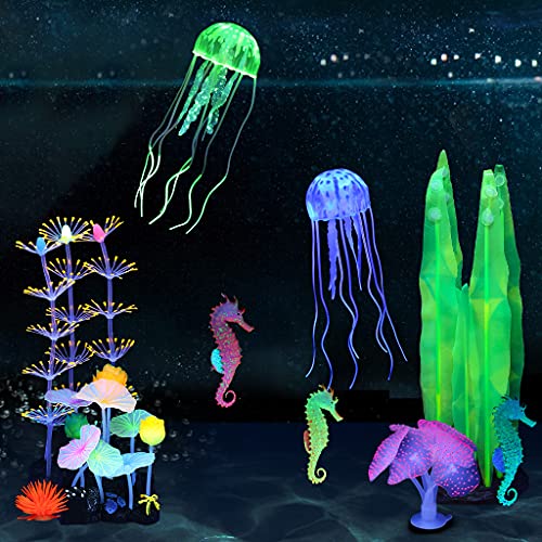 Lpraer 10 Pcs Glow Aquarium Decorations Coral Lotus Leaf Anemone Seaweed Floating Jellyfish Seahorse Glowing Effect Silicone for Fish Tank Decorations - color: 2coral+anemone+3 Seaweed+2 Jellyfish+3 Seahorse