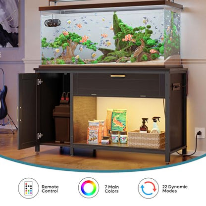 Bestier 55-75 Gal Fish Tank Stand with Power Outlet & LED Light, Black | RGB Led 22 Modes, Storage Cabinet With 3-Level Adjustable Shelf, Pull-Out Drawer, 37X18 In, 726Lbs Capacity, 4 Leveling Feet - size: 55-75 Gallon