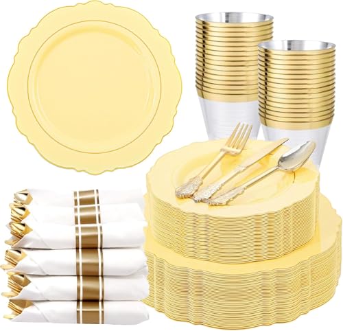Liacere 350PCS Yellow Plates - Yellow Disposable Plastic Plates With Gold Rim-50Guest Plastic Dinnerware include 100 Plates,50 Pack Pre Rolled Napkins with Silverware 50Cups for Wedding＆Party - color: Yellow