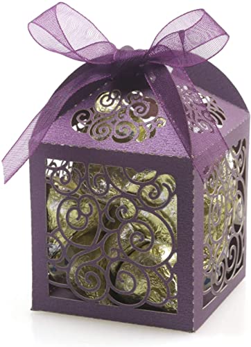 KPOSIYA 70 Pack Wedding Favor Boxes Laser Cut Boxes Party Favor Box Small Gift Boxes Lace Candy Boxes for Wedding Bridal Shower Baby Shower Birthday Party Anniverary with Ribbons (Purple, 70) - color: Purple 70