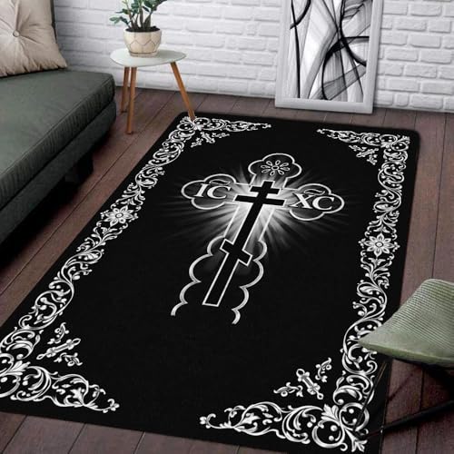 Personalized Orthodox Christian Area Rug, Custom Three-Bar Cross IC XC Nika Cross Prayer Mat, Russian Greek Orthodox Byzantine Eagle Non-Slip Rug for Living Room, Bedroom, Church Decor (D10) - color: D10